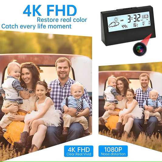 4K mini WiFi clock wireless camera, supports remote viewing, motion detection, loop storage, home nanny style 4KHD camera