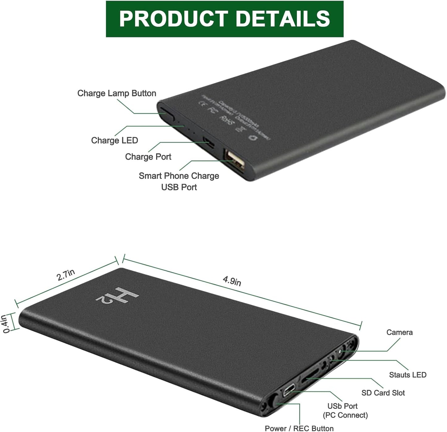 H2 Power Bank Hidden Camera, 5000mAh Spy Camera, Nanny Cam, Portable Mini Cam with Night Vision, Motion Detection for Office Home Surveillance, No WiFi Function
